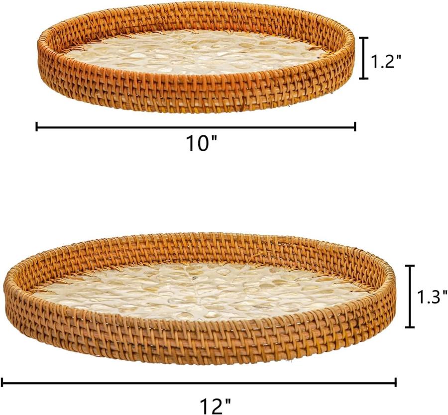 Frcctre 2 Pack Round Rattan Serving Tray With Mother Of Pearl Inlay Wooden Base, Decorative Wicker Baskets Woven Serving Tray For Bread Fruit