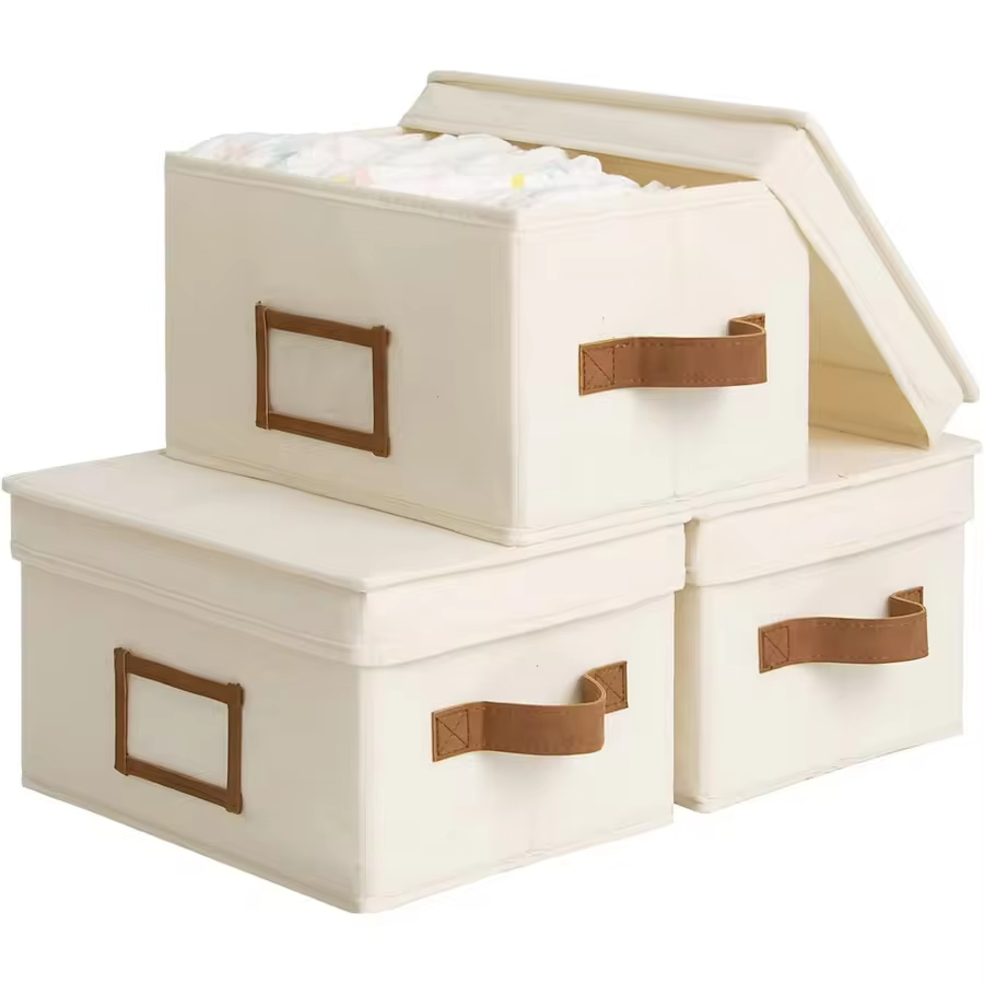 Storage Bins With Lid, Decorative Boxes With Soft Rope Handles, Foldable Baskets, Gray, Large, 3-Pack