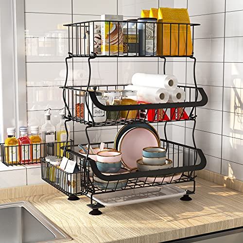 Fruit Vegetable Basket, 1easylife 5 Tier Stackable Metal Wire Basket Cart With Rolling Wheels, Utility Rack For Kitchen, Pantry, Garage With 2