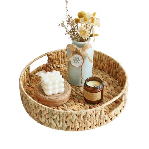 Js Home 13 Inch Round Wicker Tray, Hand-Woven Rattan Serving Trays With Handles For Snack Drinks Coffee Table Tray, Water Hyacinth 1pack