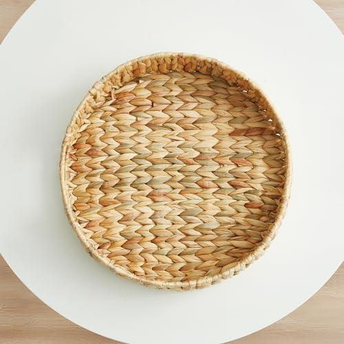 Js Home 13 Inch Round Wicker Tray, Hand-Woven Rattan Serving Trays With Handles For Snack Drinks Coffee Table Tray, Water Hyacinth 1pack