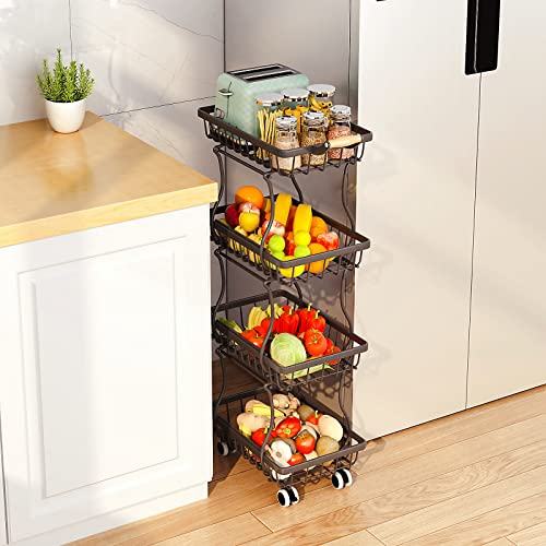 4 Tier Slim Fruit Basket For Kitchen, Stackable Metal Wire Fruit Vegetable Storage Baskets Organizer Stand On Wheels, Produce Basket Potato