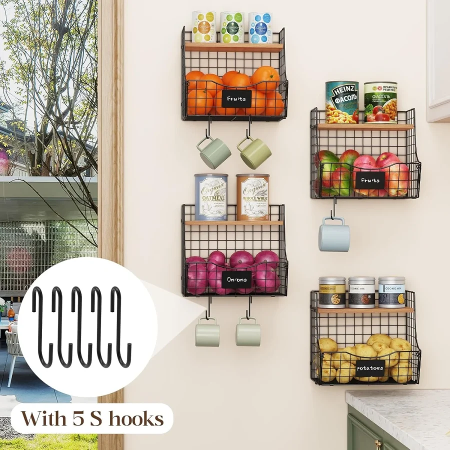 Fruit Basket For Kitchen With Lid, Counter&Amp;Wall Mounted Hanging Fruit Basket, Potato And Onion Storage, Metal Wire Fruit And Vegetable