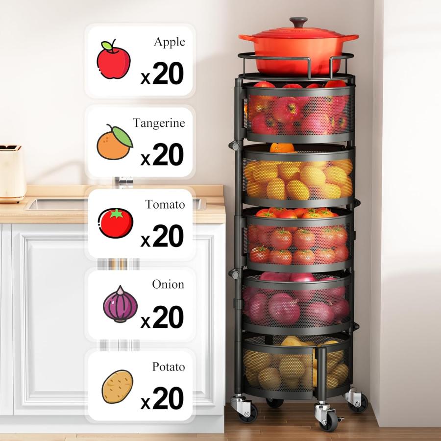Sntd Fruit And Vegetable Basket Bowls For Kitchen With Metal Top Lid, 5 Tier Rotating Storage Rack Cart For Potato Onion Bread Banana, Wire