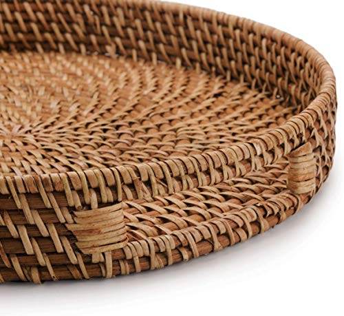 11 Inch Rattan Tray, Round Wicker Tray With Cut-Out Handles, Woven Serving Tray For Dining / Coffee Table