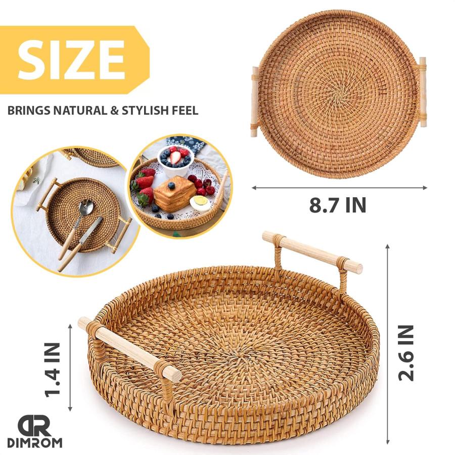 Rattan Tray 8.7-Inch Round Serving Tray Decorative Trays For Coffee Table Decorative Tray Woven Tray For Bread, Wicker Tray Coffee Table Basket