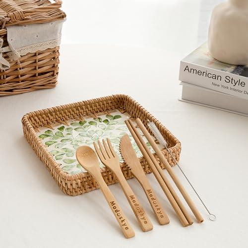 Boho Rattan Serving Tray, Moduskye Round Woven Shell Base Basket Tray With Handles, 11”Rattan Wicker Flower Tray Food Picnic Vanity Decor Basket