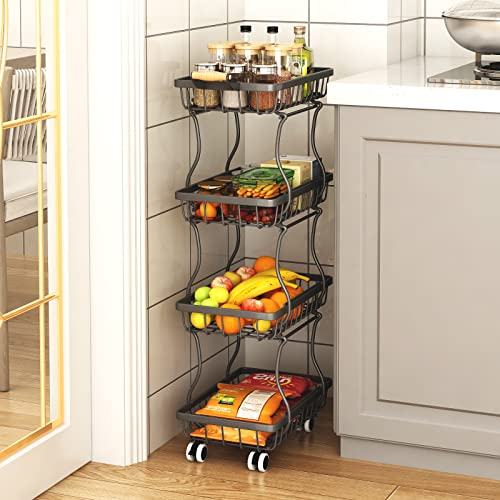 4 Tier Slim Fruit Basket For Kitchen, Stackable Metal Wire Fruit Vegetable Storage Baskets Organizer Stand On Wheels, Produce Basket Potato