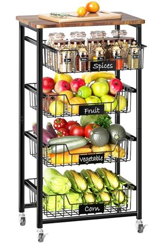 4-Tier Vegetable Fruit Basket Kitchen Storage Rolling Cart On Wheels With Pull-Out Baskets And Wood Top For Kitchen Diningroom Pantry