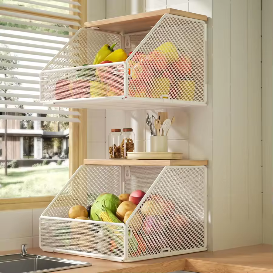 Stackable Fruit Basket For Kitchen Countertop Space Saving, Wall Mounted Mesh Metal Wire Basket With Wood Lid Extra Storage, 2 Pack Kitchen
