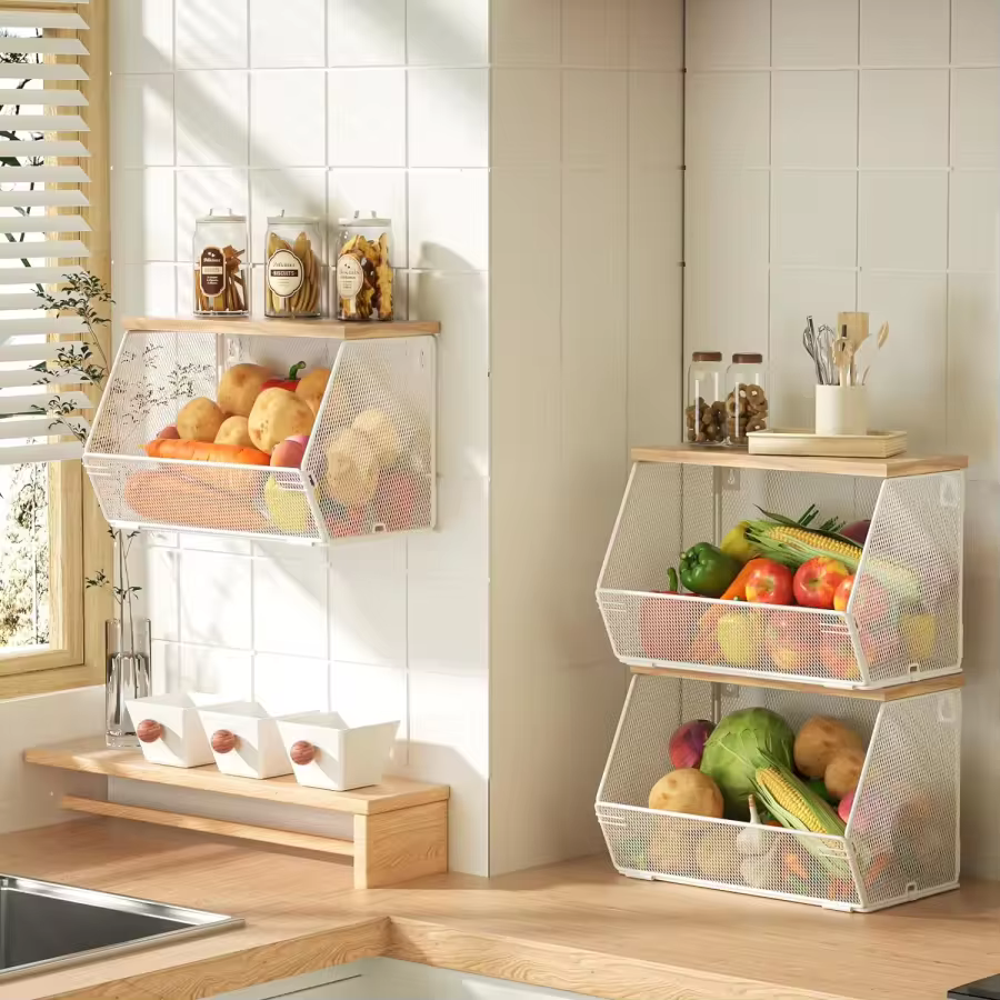 3-Pack Stackable Wire Basket With Wood Lid - Wall Mounted Fruit &Amp; Vegetable Bowl For Kitchen, Potato &Amp; Onion Storage