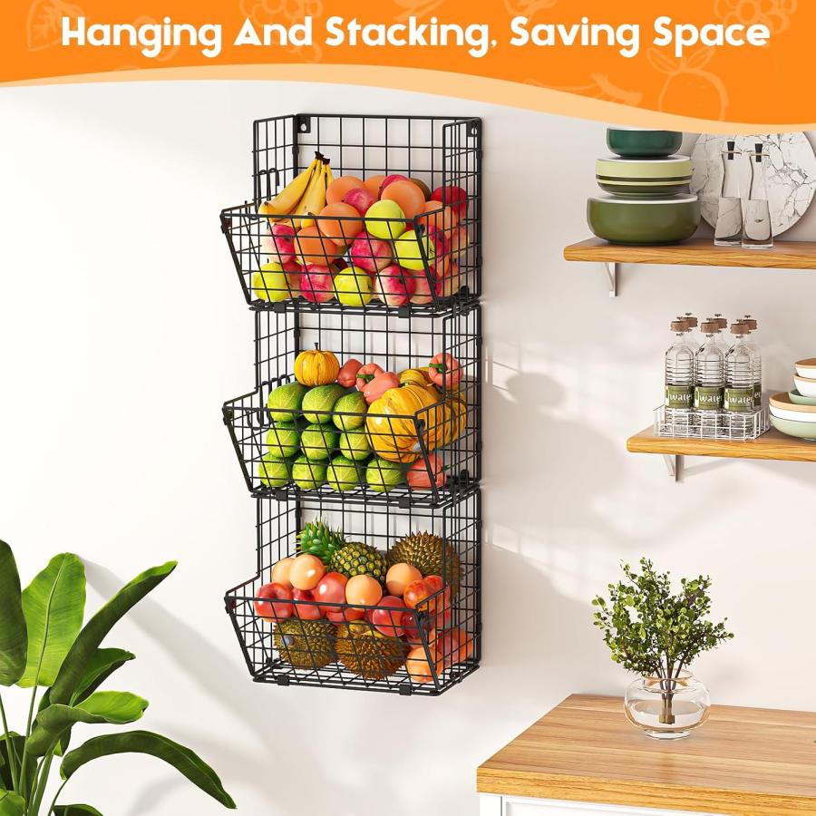 X-Cosrack Metal Wire Basket Wall Mount, 3 Tier Wall Storage Basket Organizer With 5 S Hooks, Kitchen Fruits And Vegetables Produce Bin Rack Toys