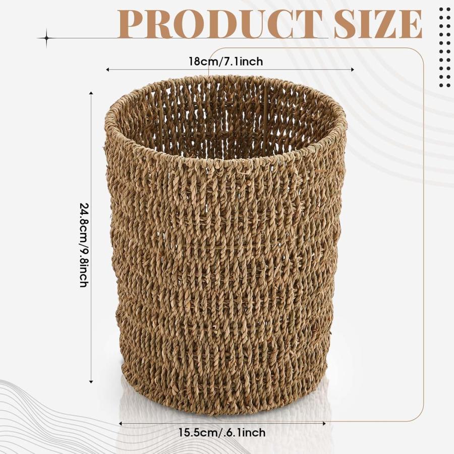 Havawish 2 Pcs Seagrass Wicker Waste Basket Handwoven Woven Trash Can 1.8 Gallons Boho Wicker Wastebasket Round Natural Wastebasket Garbage Bin