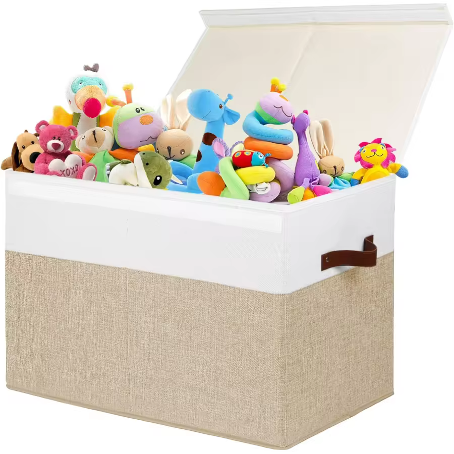 Beige white 35.5 inch playroom toy chest with lid