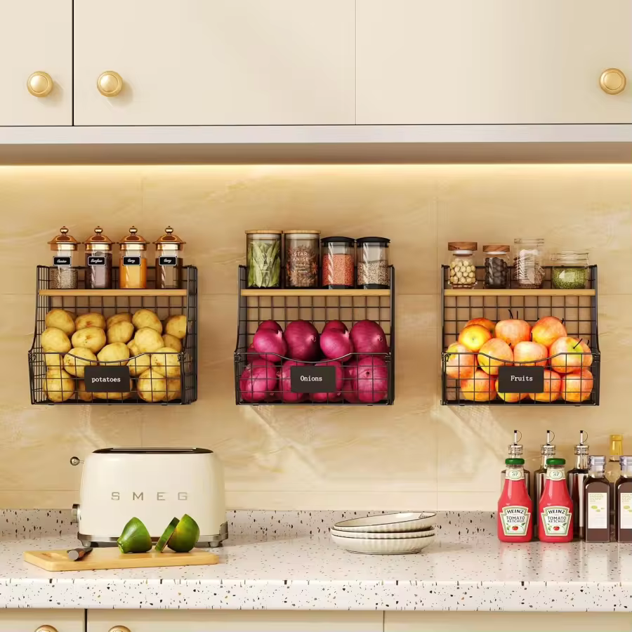 3 Pack Fruit Basket For Kitchen With Wood Lid - Counter&Amp;Wall Mounted Onion And Potato Storage With Nameplate, Stackable Storage Basket