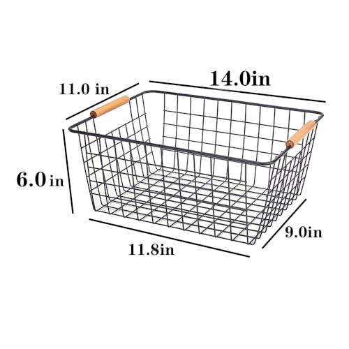 Lelecat Wire Baskets With Wooden Handles, Wire Storage Organizer Baskets, Household Refrigerator For Cabinets, Pantry, Closets, Bedrooms - Set