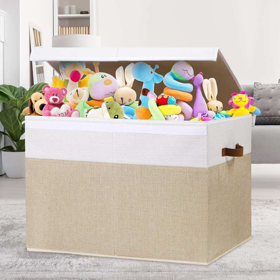 Foldable Playroom Storage Bin With Lid, Beige White