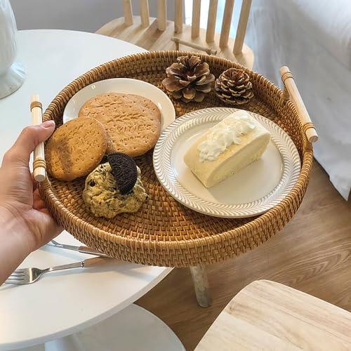 Round Rattan Serving Tray Hand-Woven With Handles Round Decorative Wicker Trays For Breakfast Coffee Table Home Decoration 11