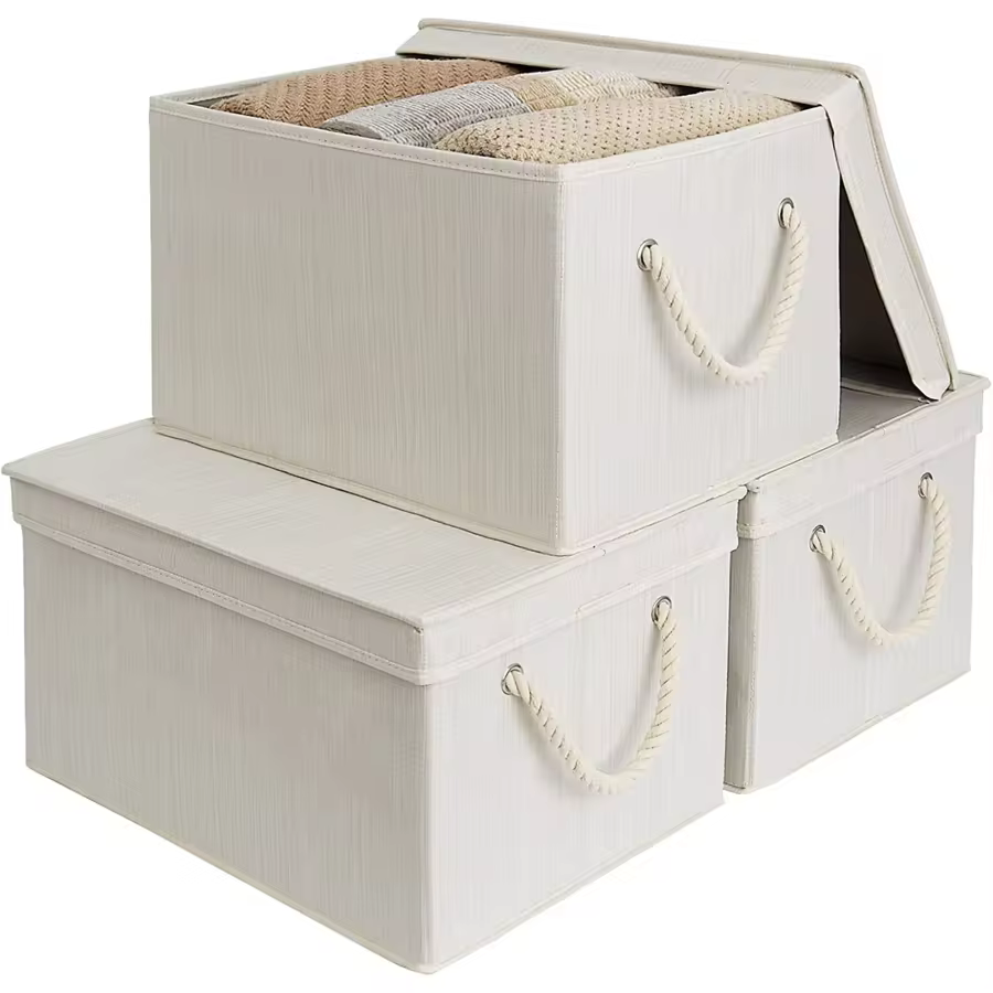 Storage Bins With Lid, Decorative Boxes With Soft Rope Handles, Foldable Baskets, Gray, Large, 3-Pack