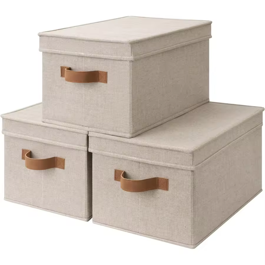 Storage Bins With Lid, Decorative Boxes With Soft Rope Handles, Foldable Baskets, Gray, Large, 3-Pack
