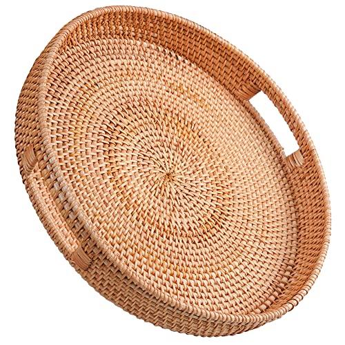 Round Rattan Tray - Large -14 X 2.75 Inches- Natural Sturdy Wicker Tray With Cut-Out Handles - Hand Woven Tray For Storage & Decoration – Basket