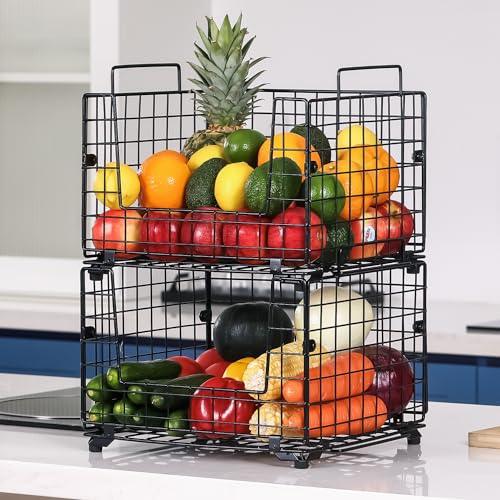 Wetheny 2pcs Fruit Basket Onion Storage Wire Basket With Wood Top- Wall Mounted & Stackable Kitchen Counter Organizer,Cabinet Organizer Bin For