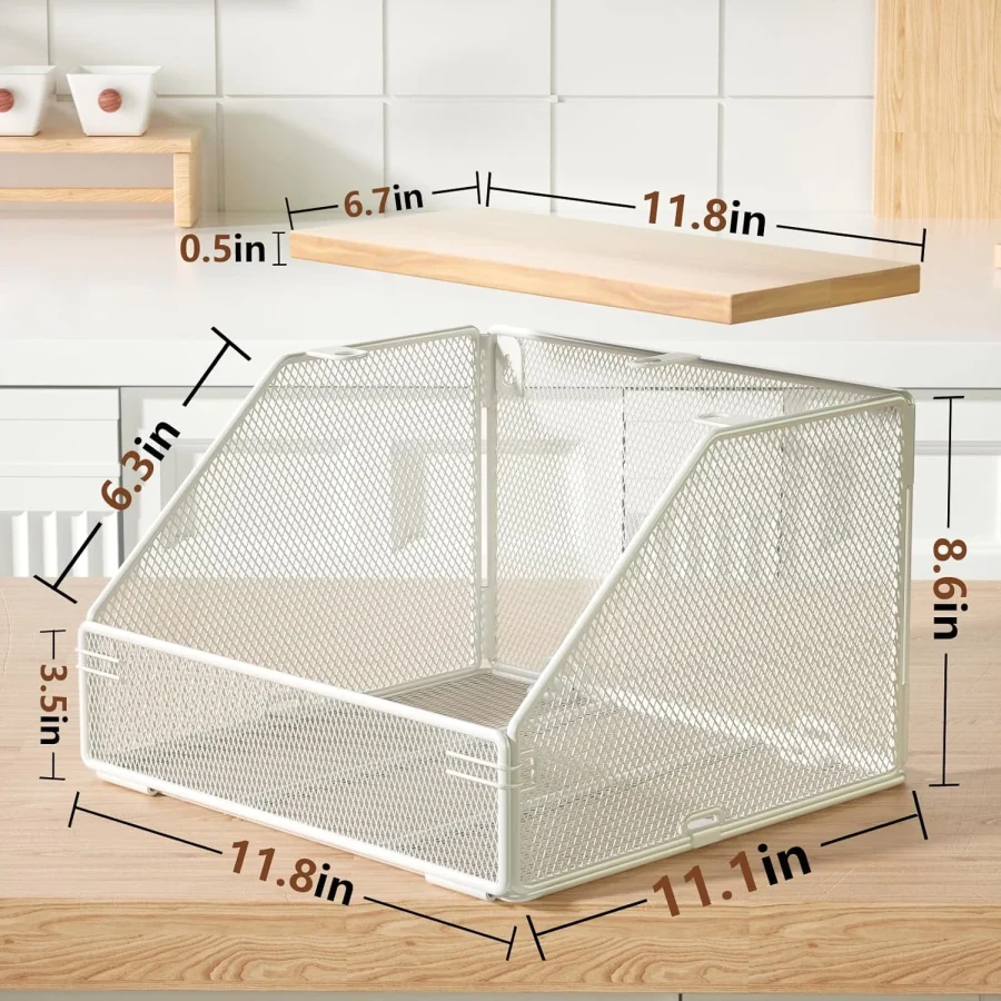 Stackable Fruit Basket For Kitchen Countertop Space Saving, Wall Mounted Mesh Metal Wire Basket With Wood Lid Extra Storage, 2 Pack Kitchen