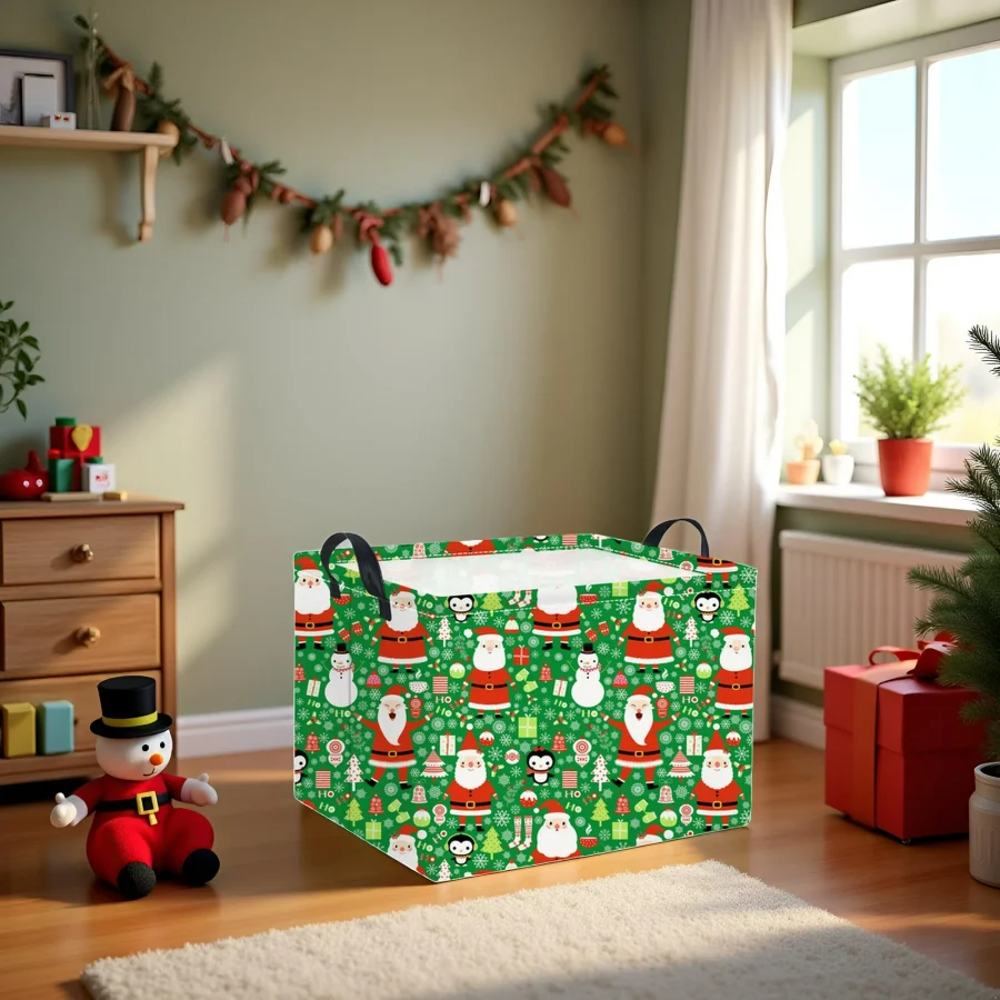 Rectangular Kids Storage Basket, Green Christmas Pattern