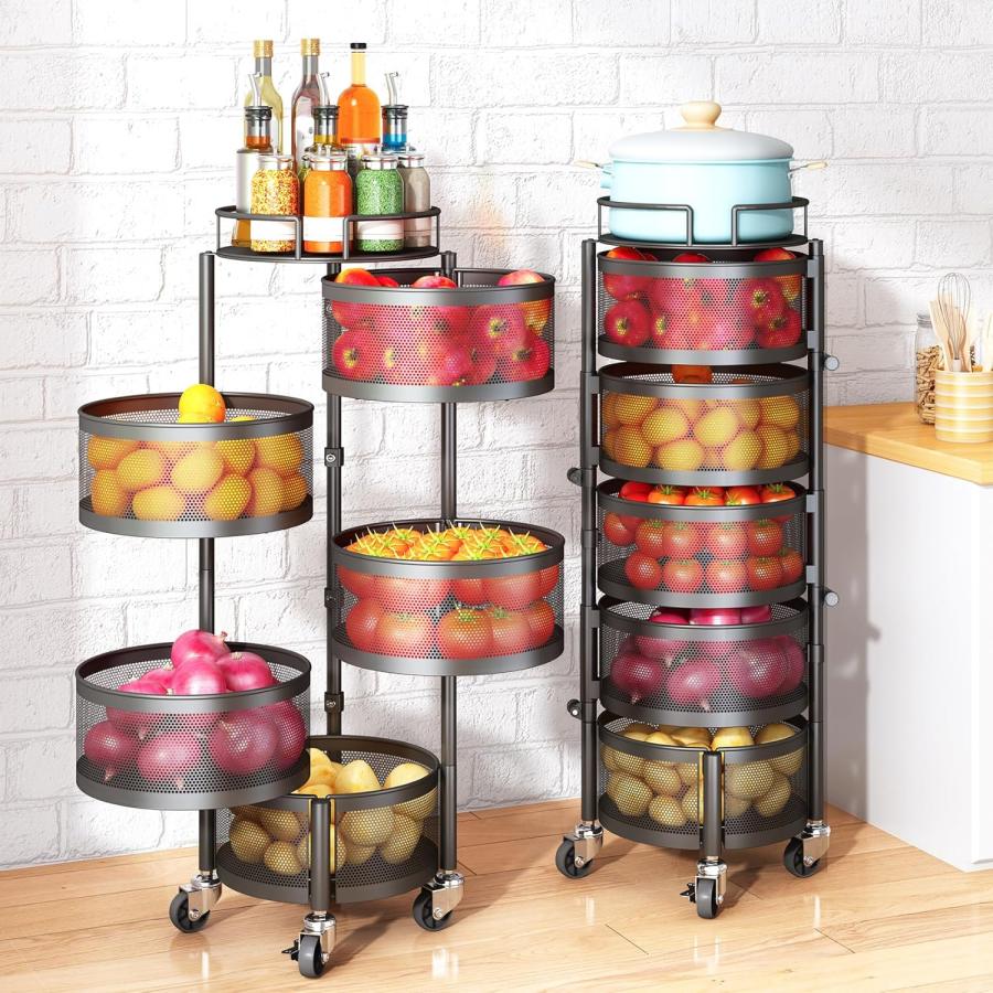 Sntd Fruit And Vegetable Basket Bowls For Kitchen With Metal Top Lid, 5 Tier Rotating Storage Rack Cart For Potato Onion Bread Banana, Wire