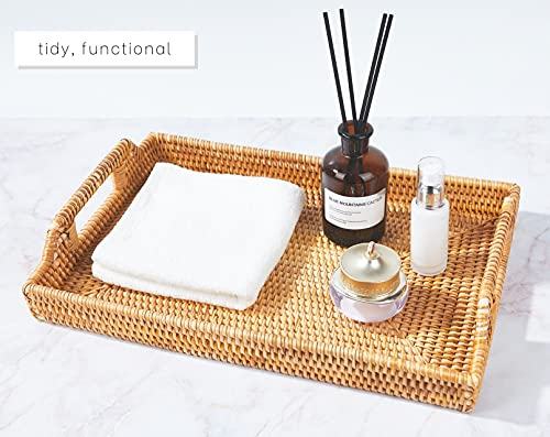 Large Rattan Tray With Rattan Coasters - Premium Flat Rectangular Serving Tray With Handles, Wicker Basket Tray 17''X11.4''X2'' Hand Woven