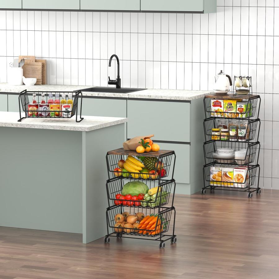Helsin 4-Tier Stackable Metal Wire Baskets With Wheels, Fruit Vegetable Baskets With Wood Top, Free Standing Storage Carts, Storage Rack For