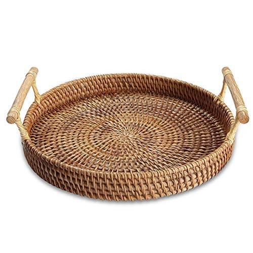 Yiwen Handmade Round Rattan Serving Tray With Handles Woven Baskets, Basket For Fruit Bread Parties Coffee Table Breakfast Round Wicker Tray