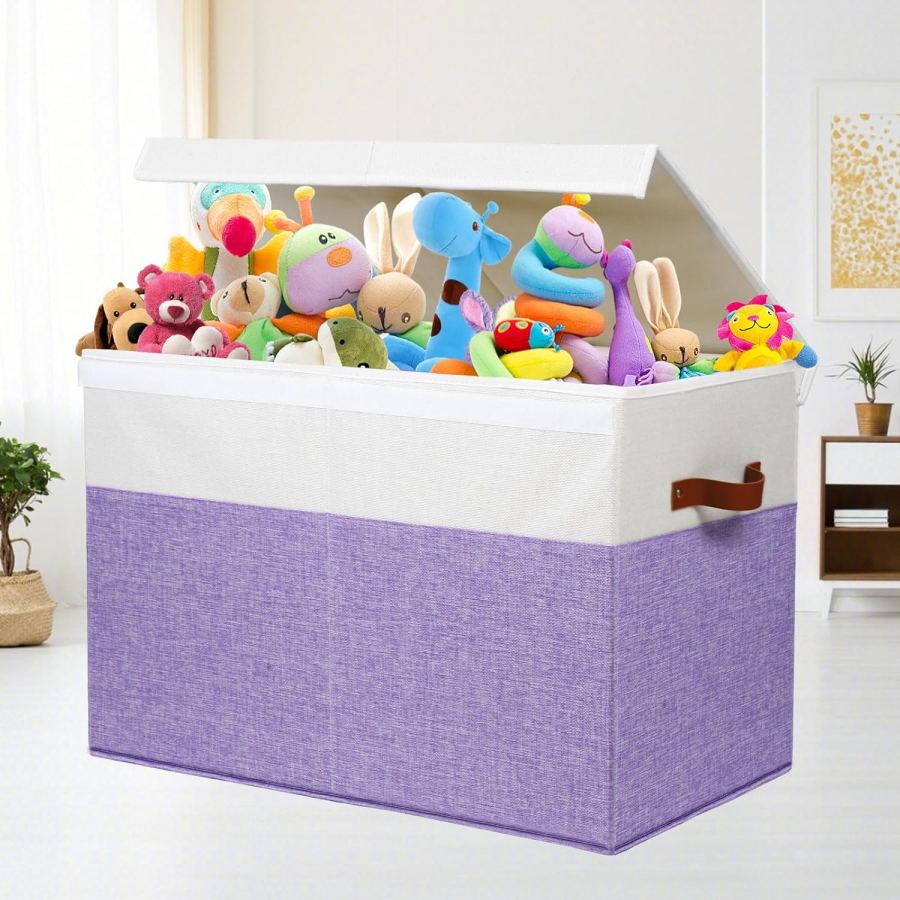 Bedroom Toy Storage Bin With Cover, Beige White