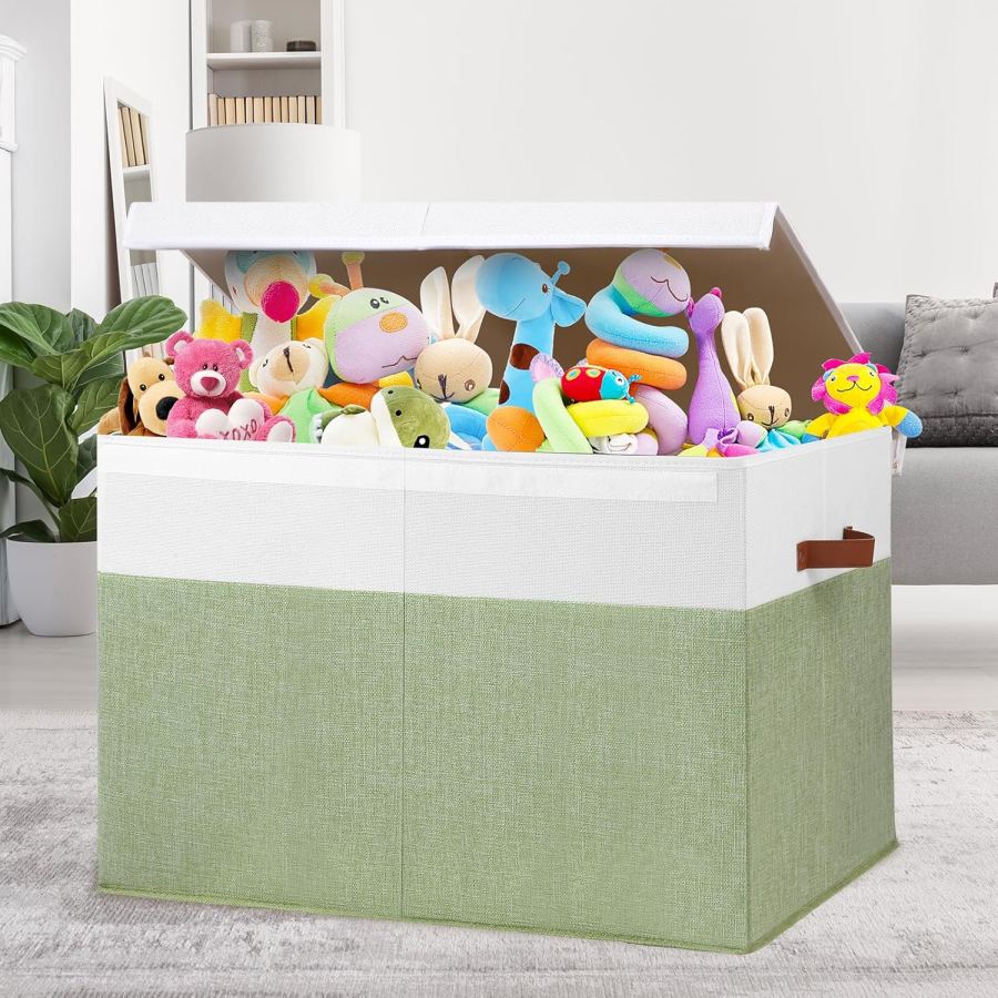 Large Toy Storage Chest With Lid and Divider, Beige White